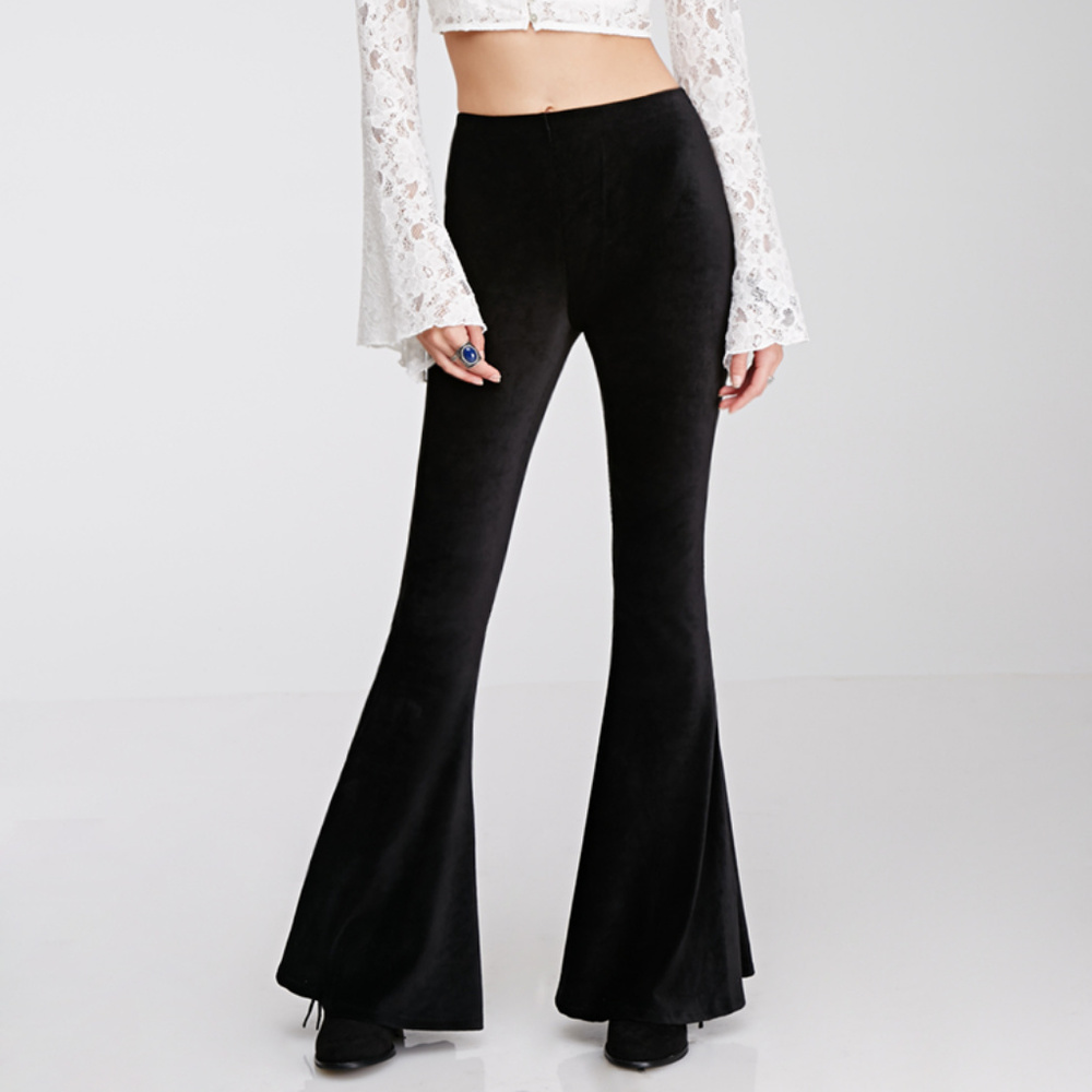 Black Ribbed Velvet Super Flare Bell Bottom Pants